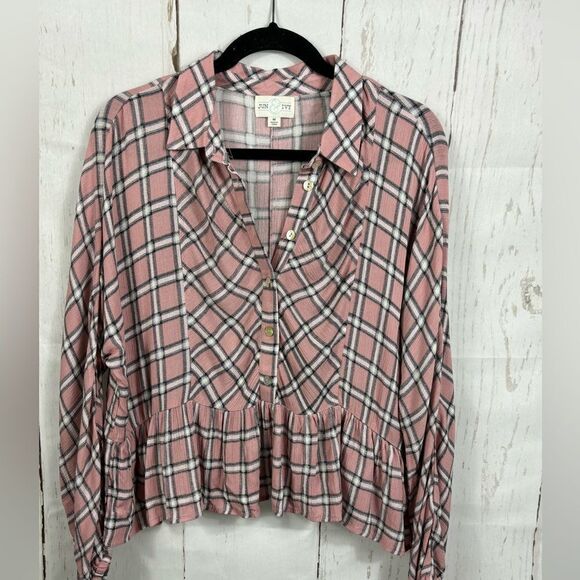 ‼️final must bundle‼️ Jun Ivy Blush Pink Checkered Blouse Shirt Ruffled - Picture 1 of 7